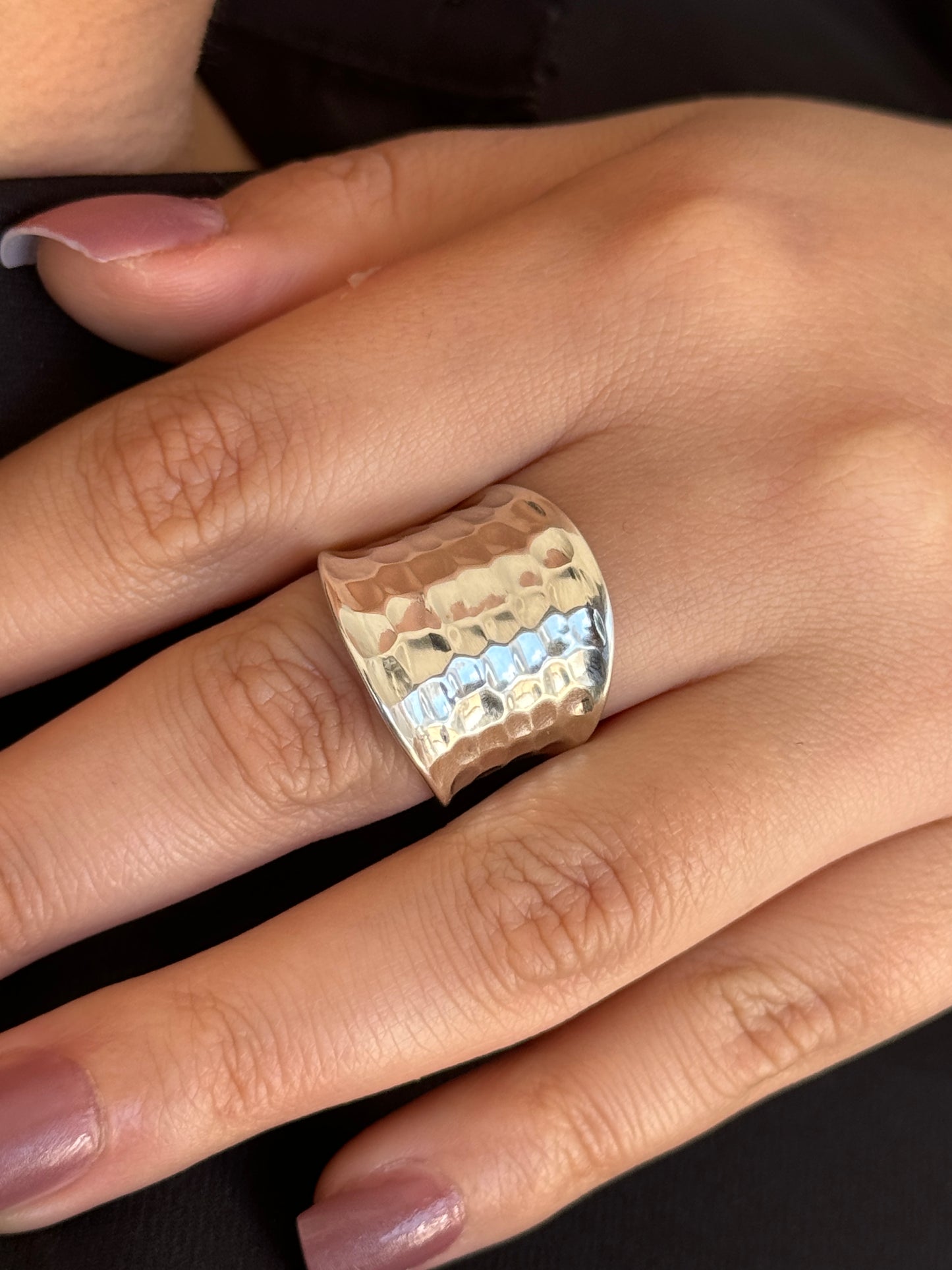 Hammered Sterling Silver Handmade Wide Band Ring, Classic Shiny Finish Wrap Band