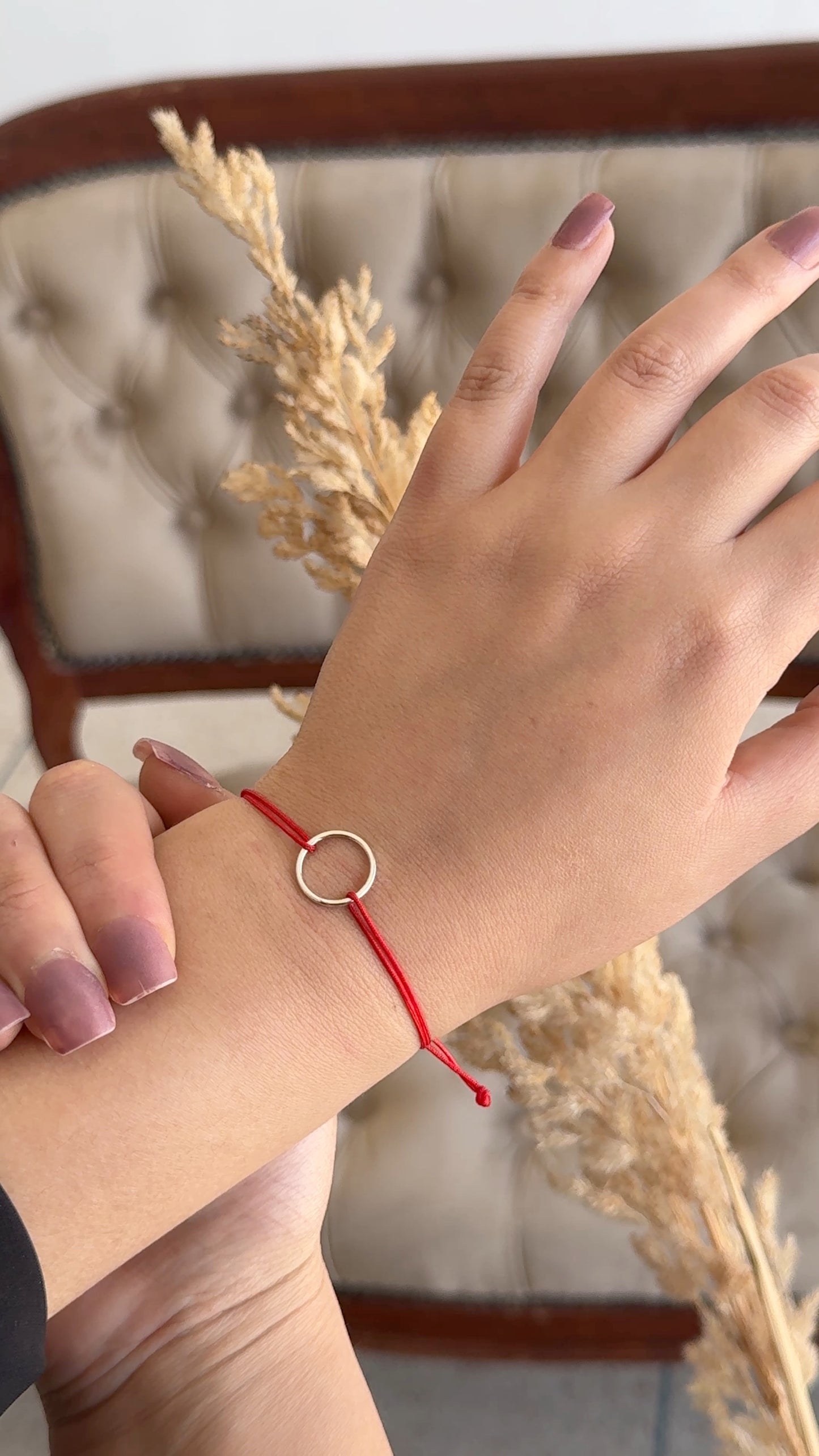 Adjustable Silver Circle Bracelet with Red Cord - Minimalist Jewelry Gift