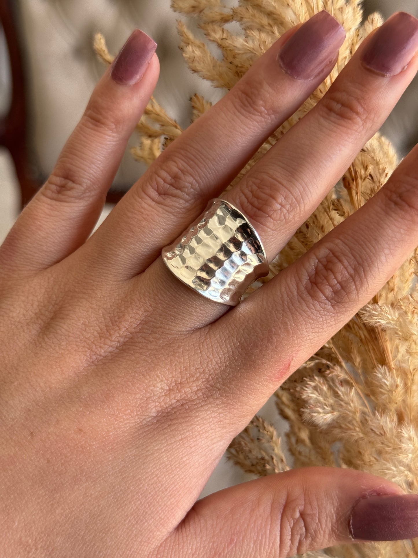 Hammered Sterling Silver Handmade Wide Band Ring, Classic Shiny Finish Wrap Band