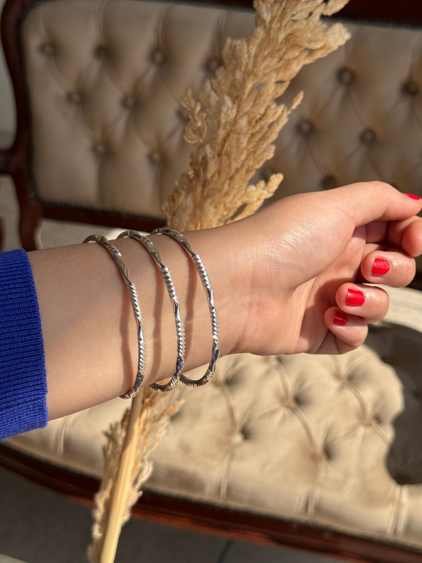 Stylish Silver Bangles Set – Textured 925 Sterling Silver Bracelets for Womens