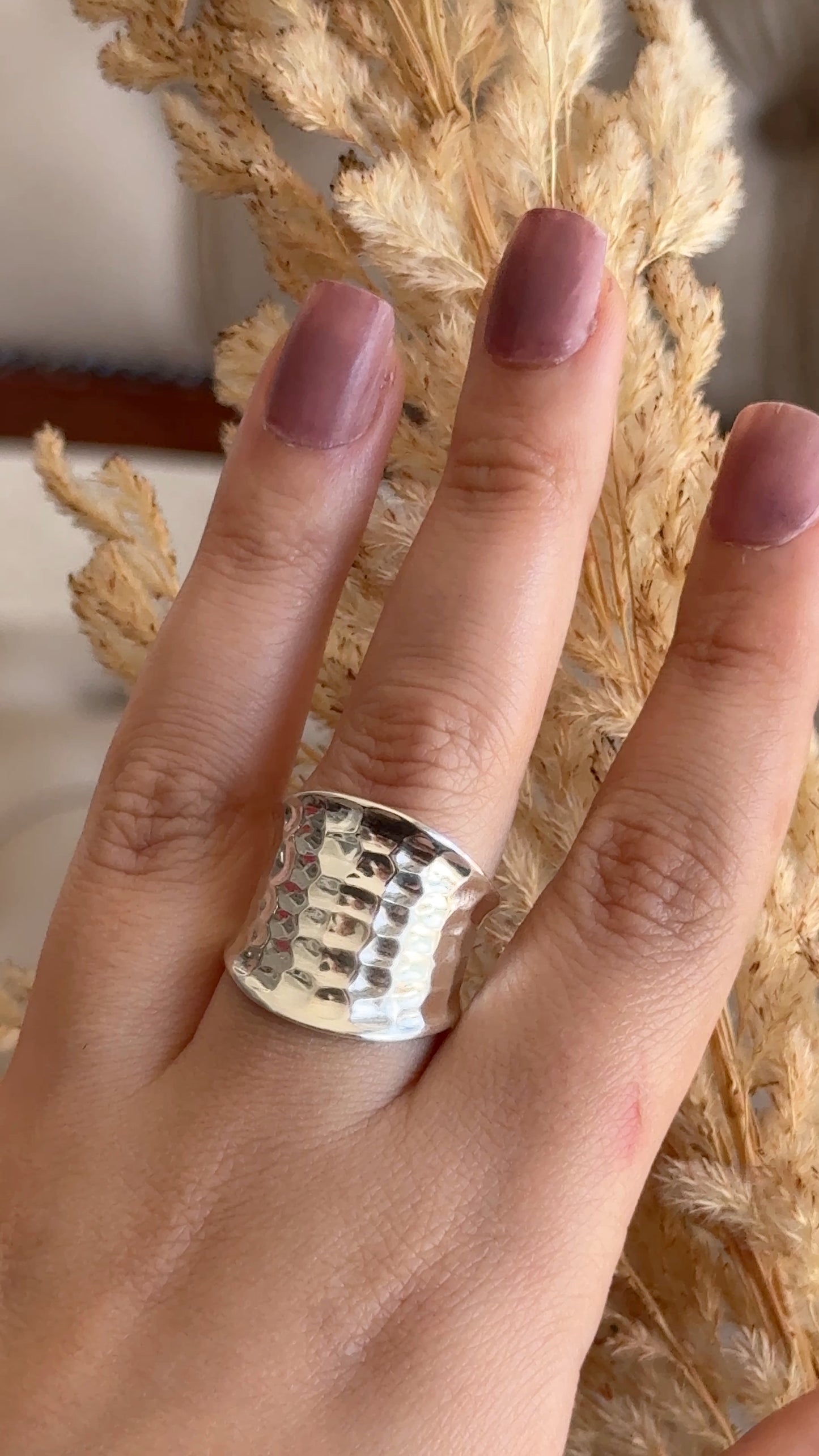 Hammered Sterling Silver Handmade Wide Band Ring, Classic Shiny Finish Wrap Band