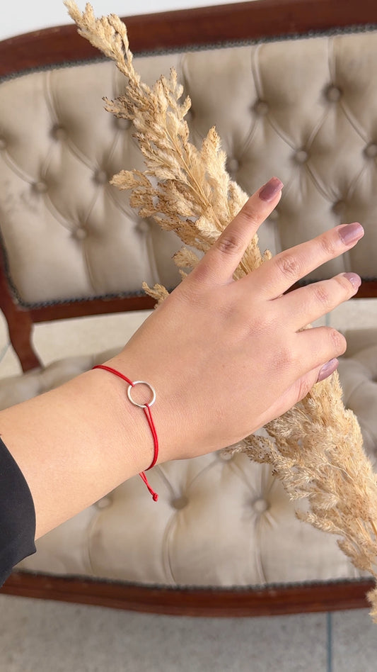 Adjustable Silver Circle Bracelet with Red Cord - Minimalist Jewelry Gift