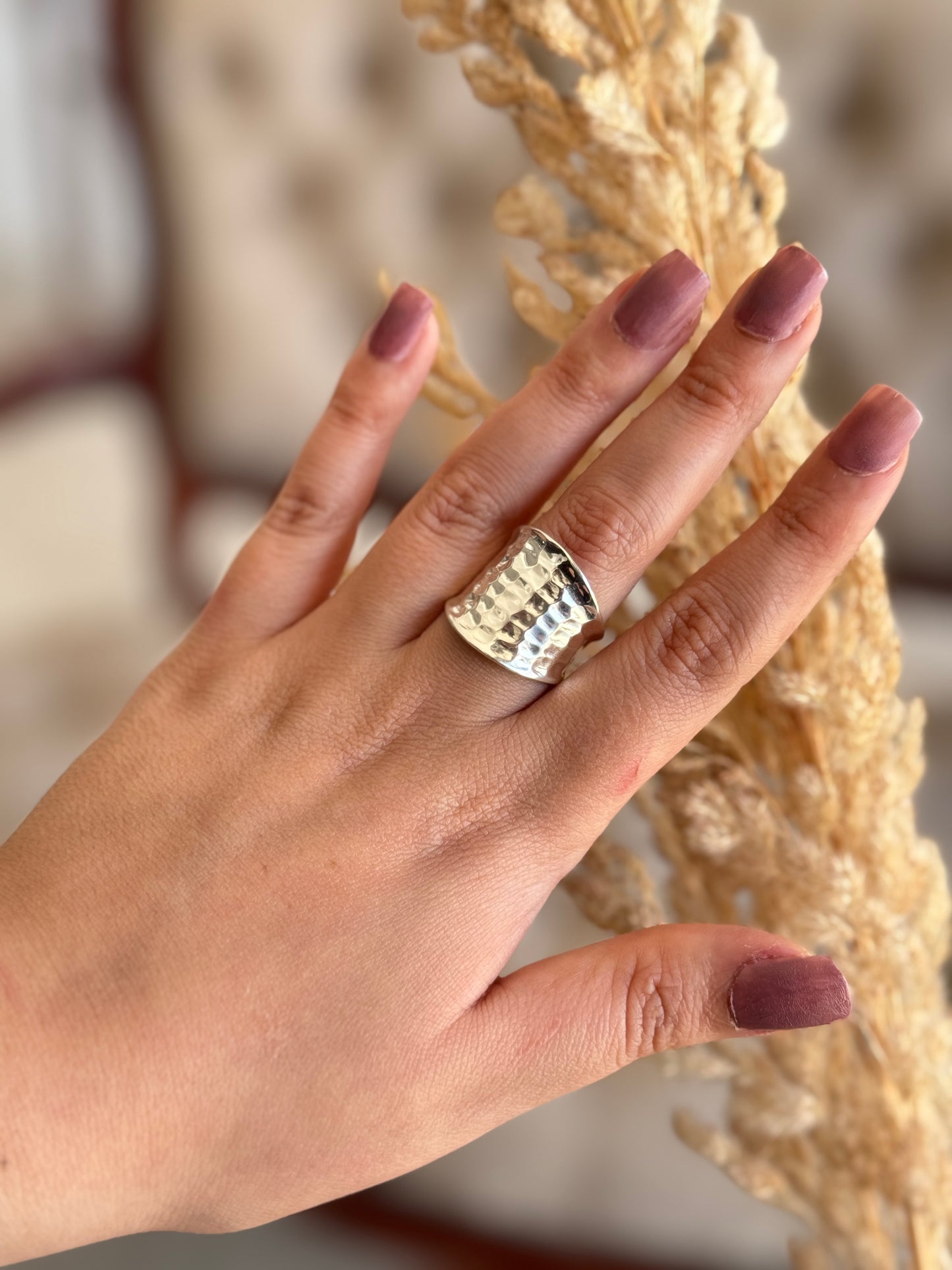 Hammered Sterling Silver Handmade Wide Band Ring, Classic Shiny Finish Wrap Band