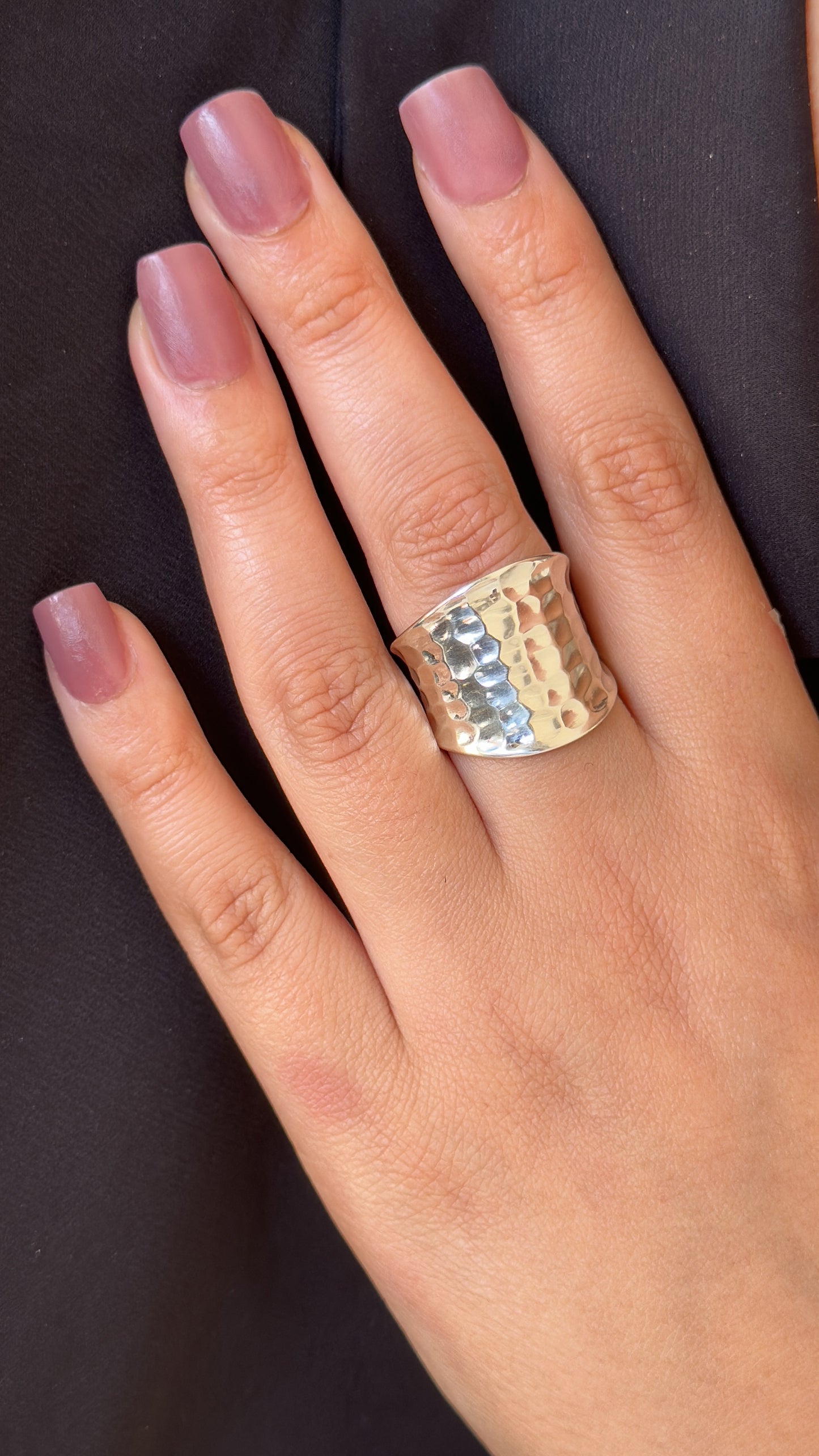 Hammered Sterling Silver Handmade Wide Band Ring, Classic Shiny Finish Wrap Band