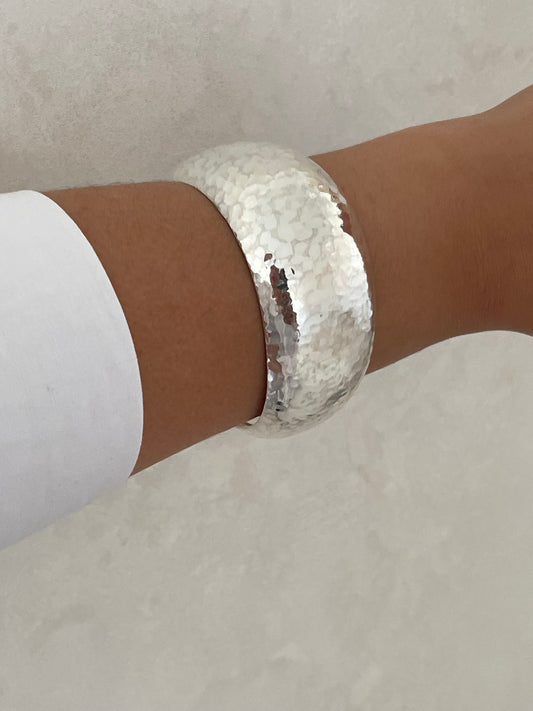 Hammered Sterling Silver Wide Cuff Bangle Bracelet for Women