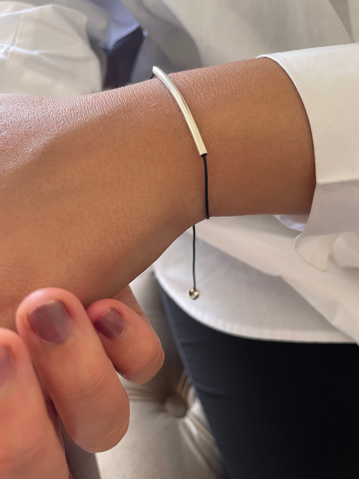 Handmade 925 Sterling Silver Minimalist Horizontal Bar Charm Bracelet for Women, Adjustable Kindred Cord, Black String, Elegant Gift
