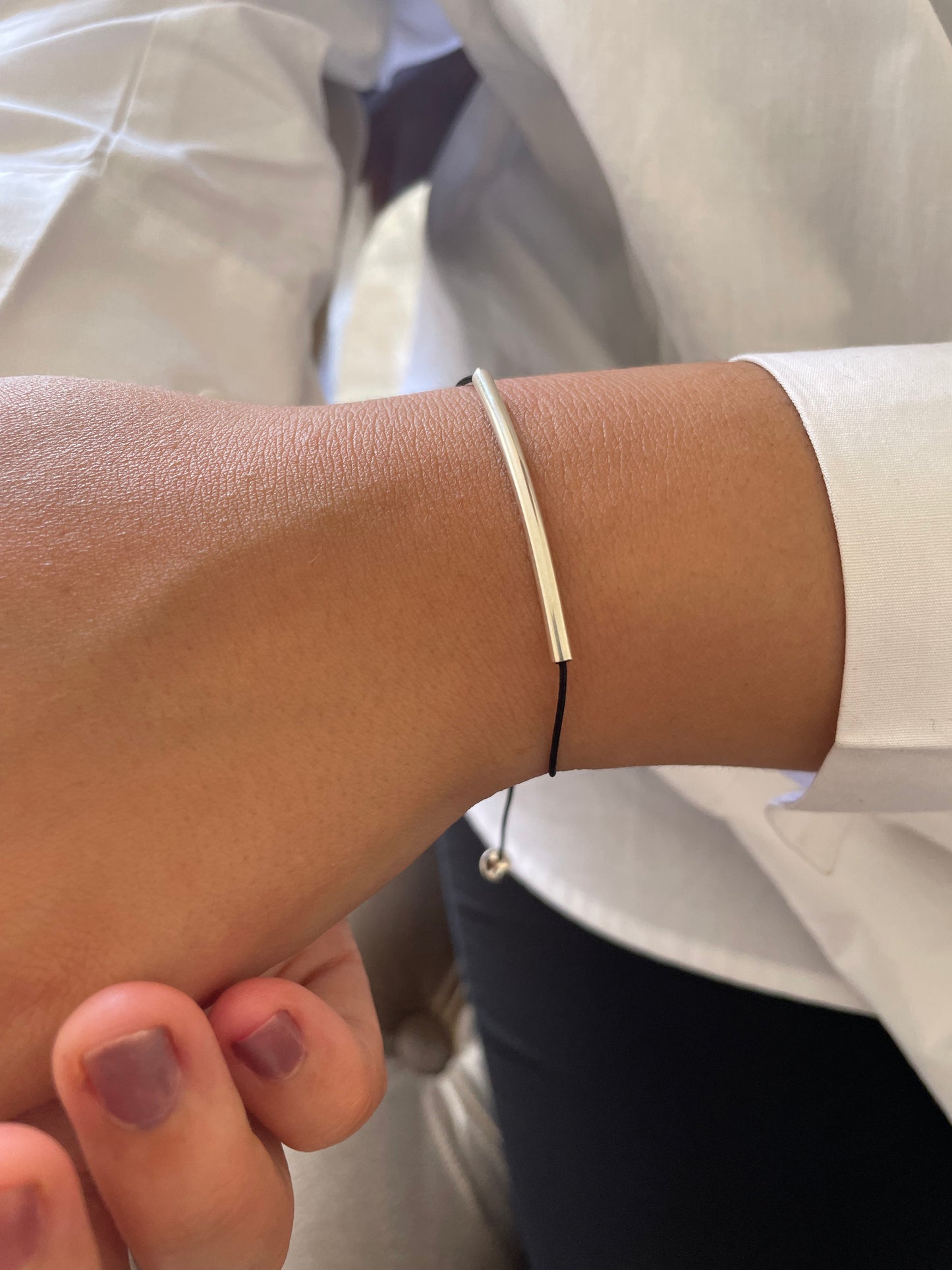 Handmade 925 Sterling Silver Minimalist Horizontal Bar Charm Bracelet for Women, Adjustable Kindred Cord, Black String, Elegant Gift