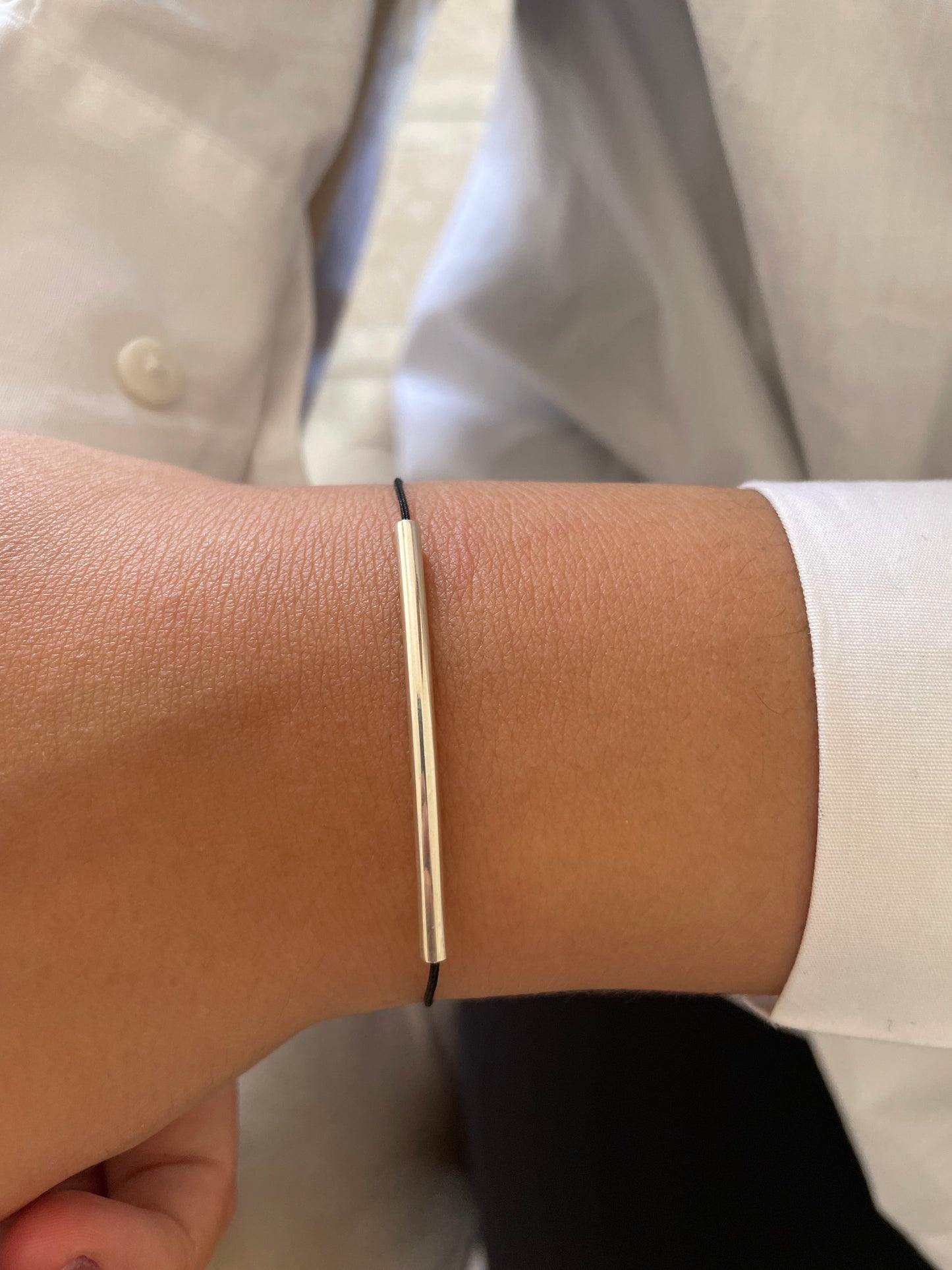 Handmade 925 Sterling Silver Minimalist Horizontal Bar Charm Bracelet for Women, Adjustable Kindred Cord, Black String, Elegant Gift