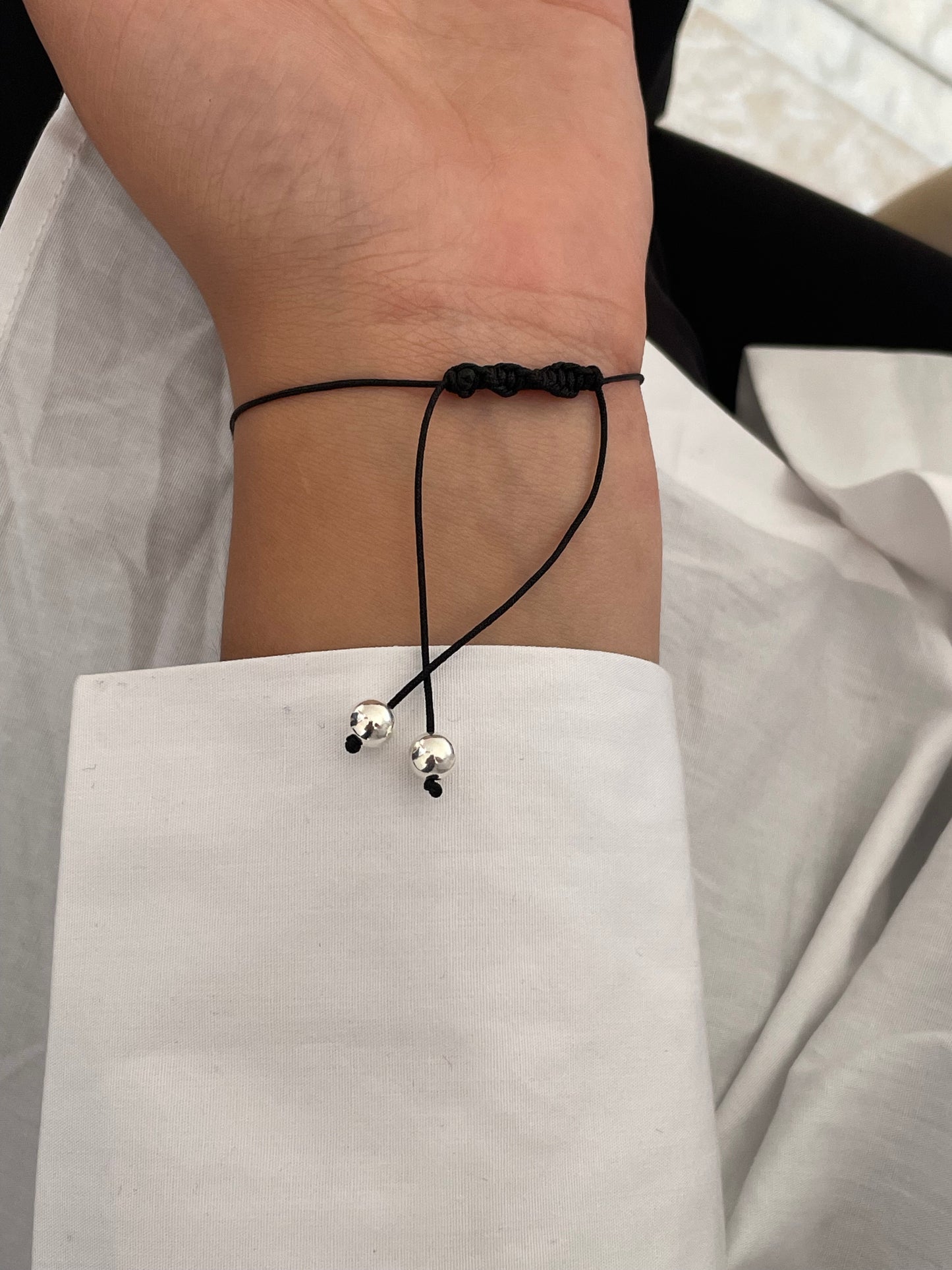 Handmade 925 Sterling Silver Minimalist Horizontal Bar Charm Bracelet for Women, Adjustable Kindred Cord, Black String, Elegant Gift