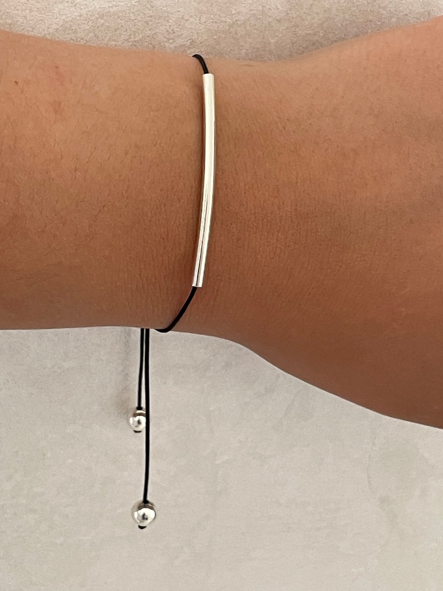 Handmade 925 Sterling Silver Minimalist Horizontal Bar Charm Bracelet for Women, Adjustable Kindred Cord, Black String, Elegant Gift