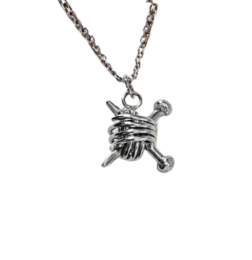 Silver Ball of wool knitting needles Necklace