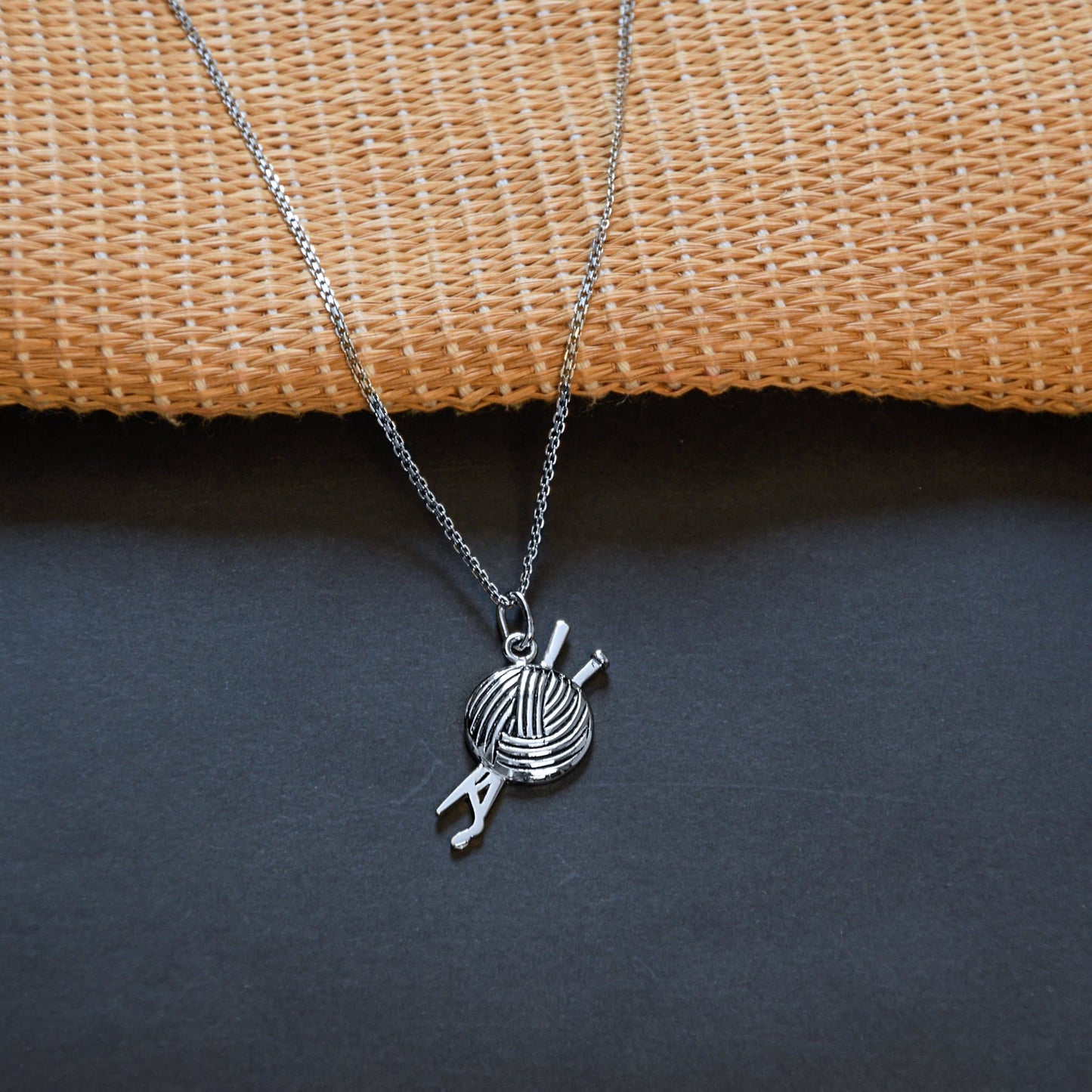Silver Wool Ball Knitting Needle Necklace