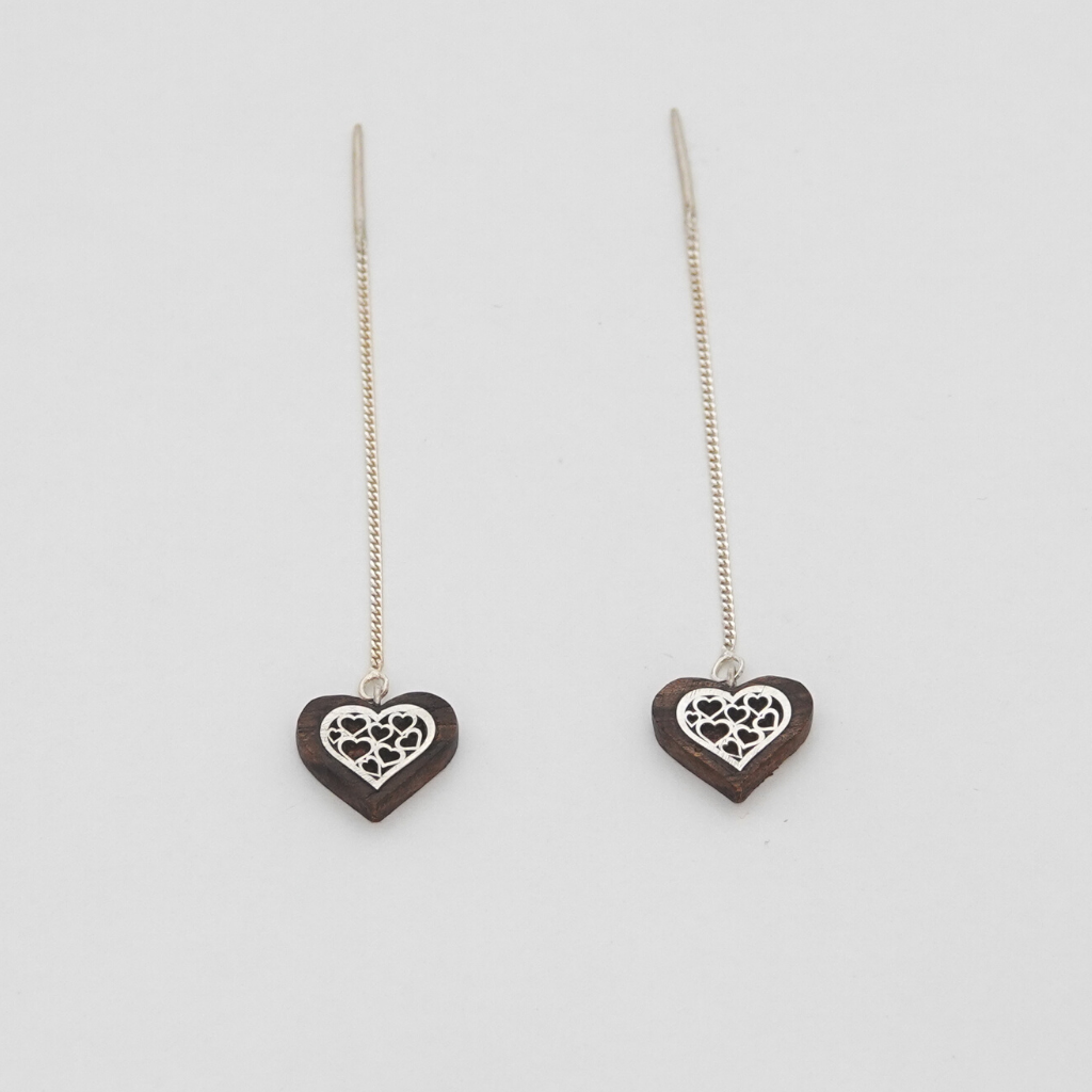 Wood Heart Earring With Silver, Wood Anniversary Earrings