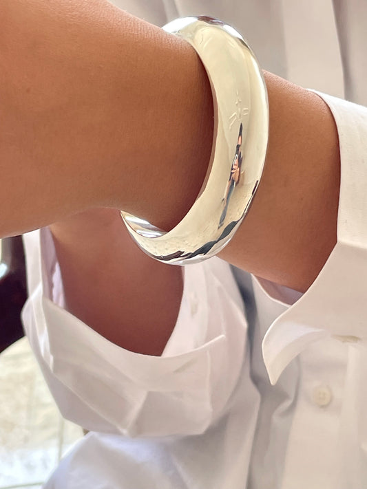 Sterling Silver Chunky Round Closed Bangle - Wide Stacking D-Shaped Design