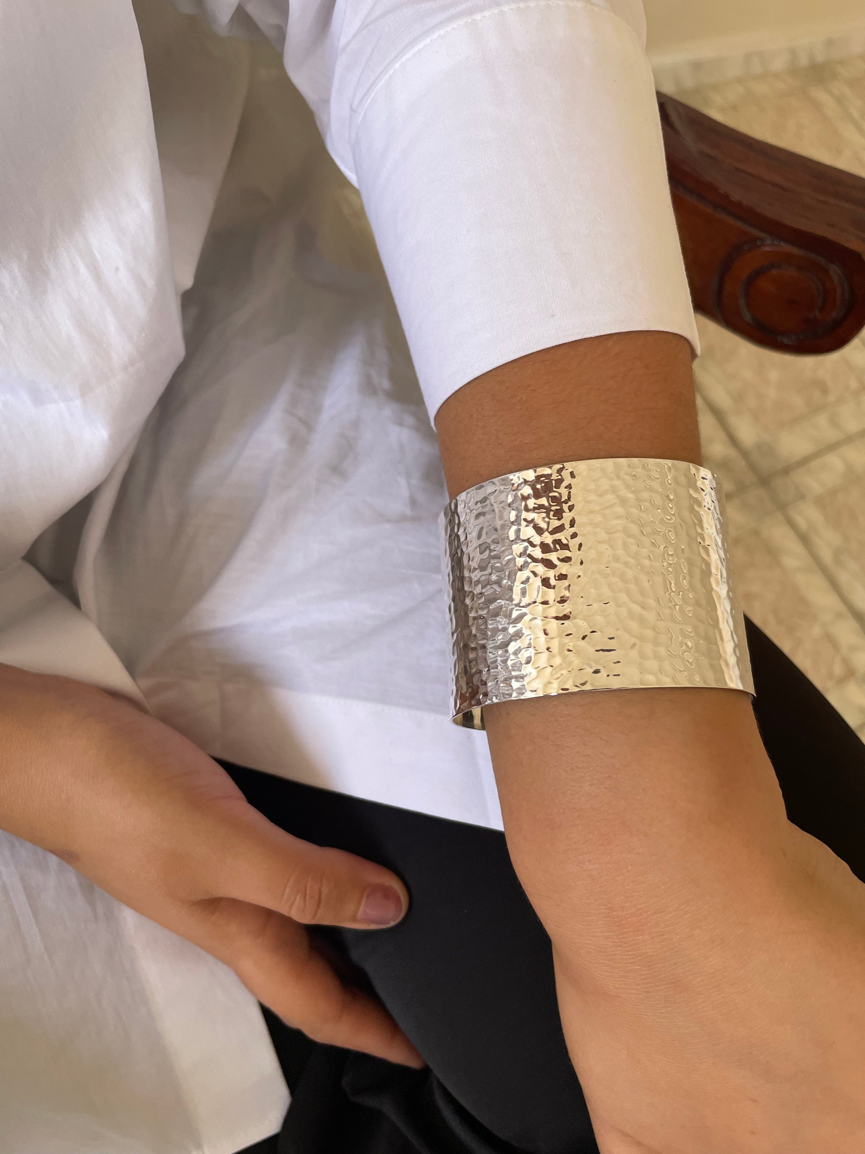 Sterling Silver Large Hammered Cuff Bangle Bracelet