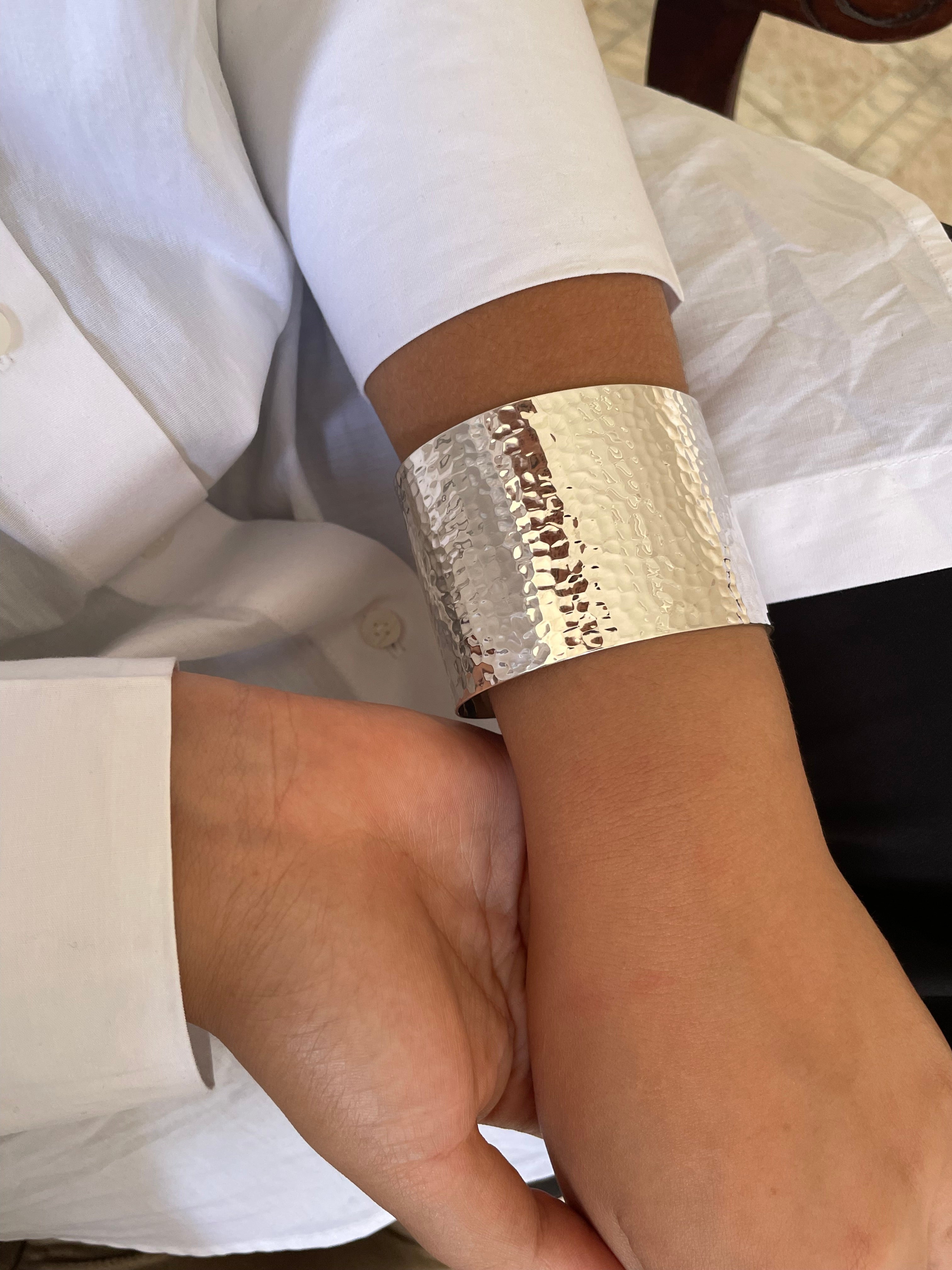 Sterling Silver Large Hammered Cuff Bangle Bracelet