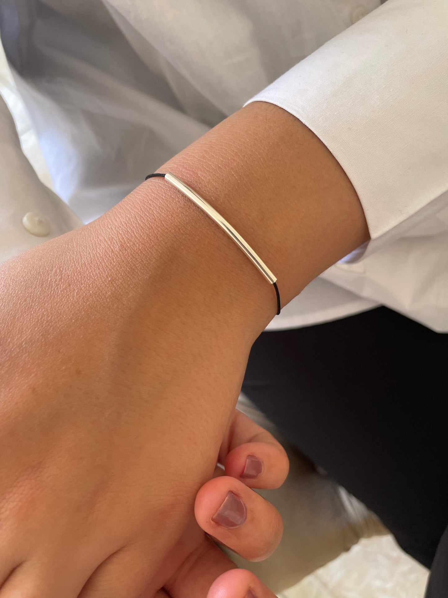 Handmade 925 Sterling Silver Minimalist Horizontal Bar Charm Bracelet for Women, Adjustable Kindred Cord, Black String, Elegant Gift