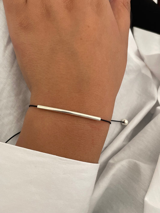 Handmade 925 Sterling Silver Minimalist Horizontal Bar Charm Bracelet for Women, Adjustable Kindred Cord, Black String, Elegant Gift