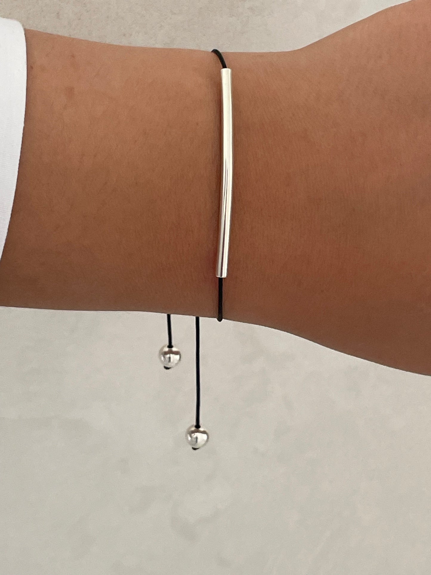 Handmade 925 Sterling Silver Minimalist Horizontal Bar Charm Bracelet for Women, Adjustable Kindred Cord, Black String, Elegant Gift