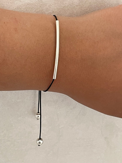 Handmade 925 Sterling Silver Minimalist Horizontal Bar Charm Bracelet for Women, Adjustable Kindred Cord, Black String, Elegant Gift