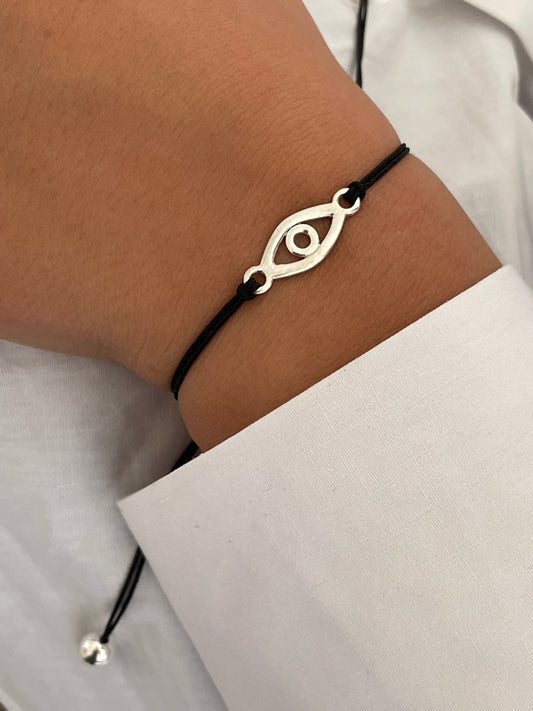 Handmade 925 Sterling Silver Evil Eye Bracelet for Women, Adjustable Black String, Minimalist Charm Design