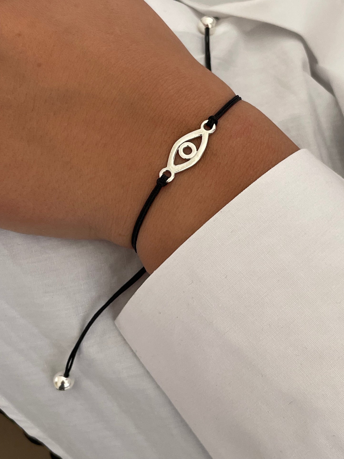 Handmade 925 Sterling Silver Evil Eye Bracelet for Women, Adjustable Black String, Minimalist Charm Design