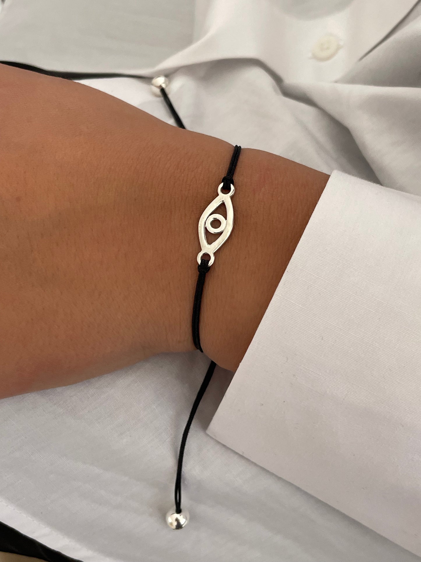 Handmade 925 Sterling Silver Evil Eye Bracelet for Women, Adjustable Black String, Minimalist Charm Design