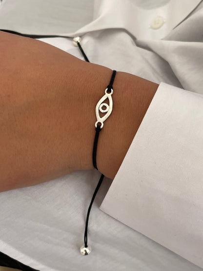 Handmade 925 Sterling Silver Evil Eye Bracelet for Women, Adjustable Black String, Minimalist Charm Design