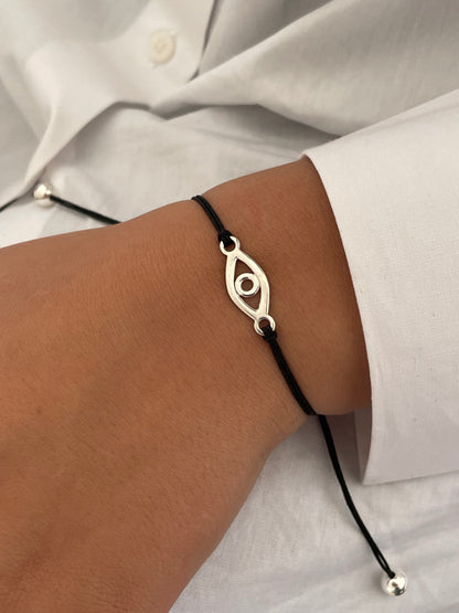 Handmade 925 Sterling Silver Evil Eye Bracelet for Women, Adjustable Black String, Minimalist Charm Design