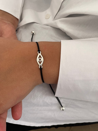 Handmade 925 Sterling Silver Evil Eye Bracelet for Women, Adjustable Black String, Minimalist Charm Design