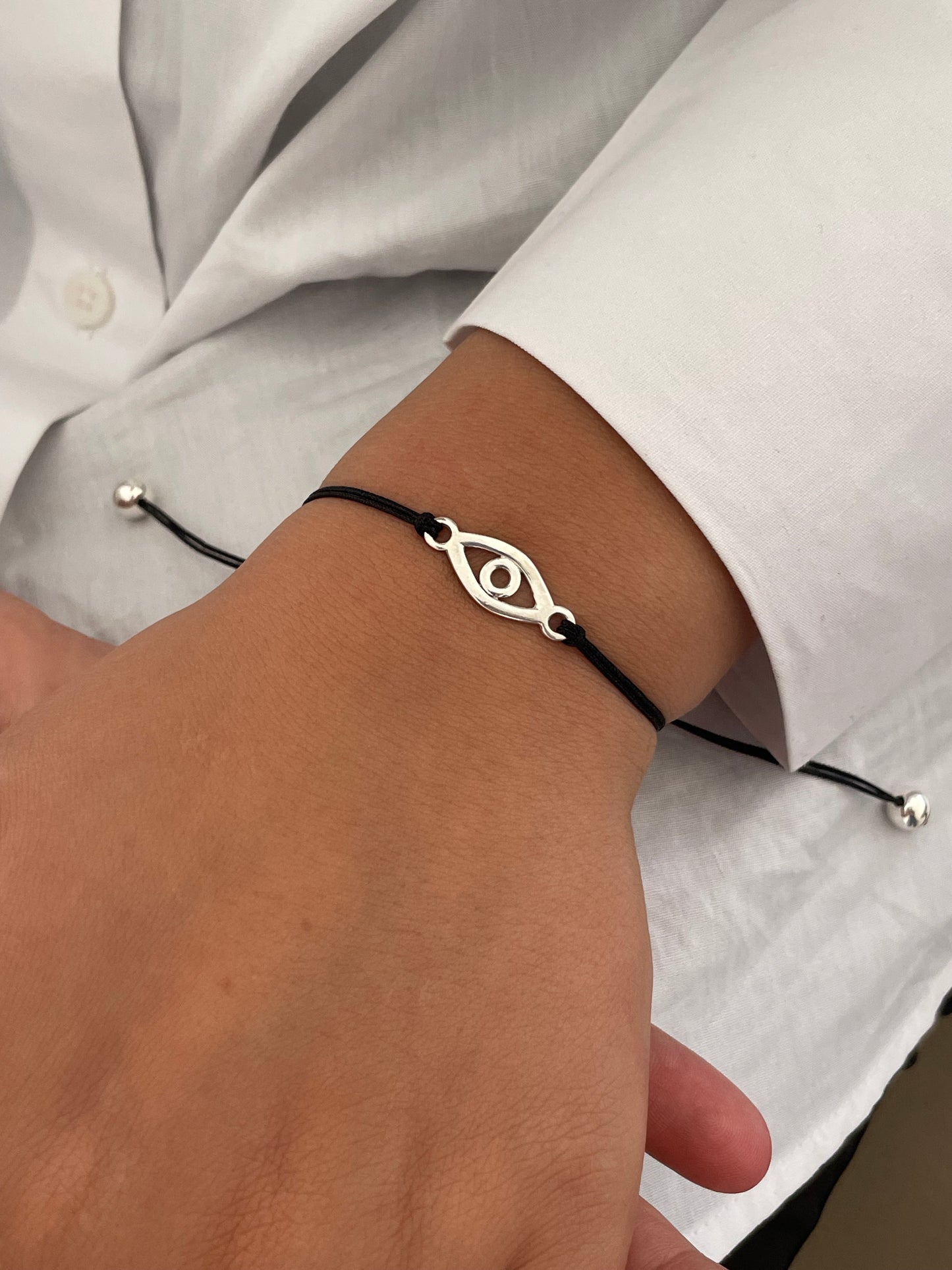 Handmade 925 Sterling Silver Evil Eye Bracelet for Women, Adjustable Black String, Minimalist Charm Design