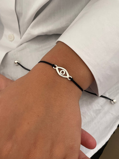 Handmade 925 Sterling Silver Evil Eye Bracelet for Women, Adjustable Black String, Minimalist Charm Design