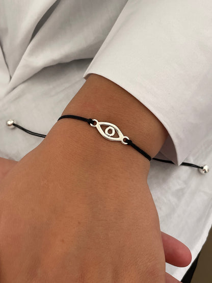 Handmade 925 Sterling Silver Evil Eye Bracelet for Women, Adjustable Black String, Minimalist Charm Design