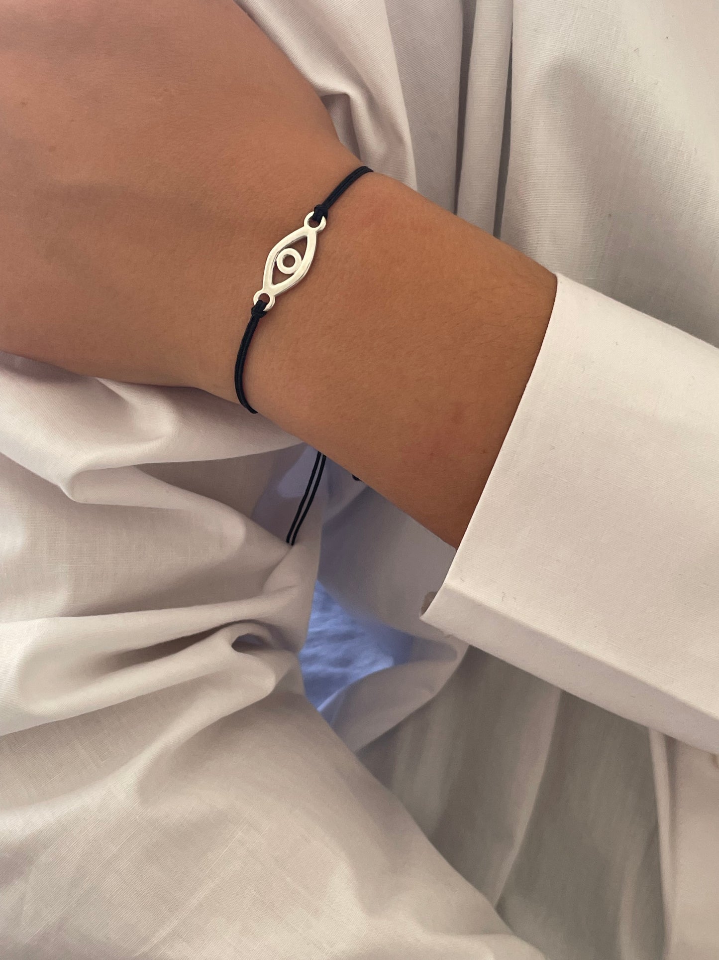 Handmade 925 Sterling Silver Evil Eye Bracelet for Women, Adjustable Black String, Minimalist Charm Design