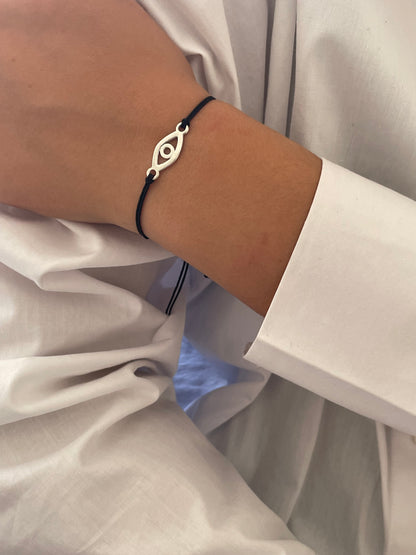 Handmade 925 Sterling Silver Evil Eye Bracelet for Women, Adjustable Black String, Minimalist Charm Design