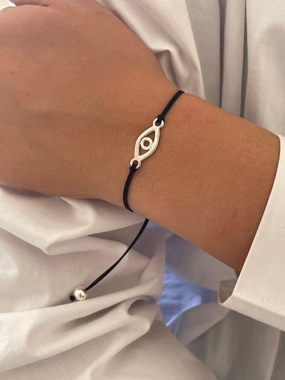 Handmade 925 Sterling Silver Evil Eye Bracelet for Women, Adjustable Black String, Minimalist Charm Design