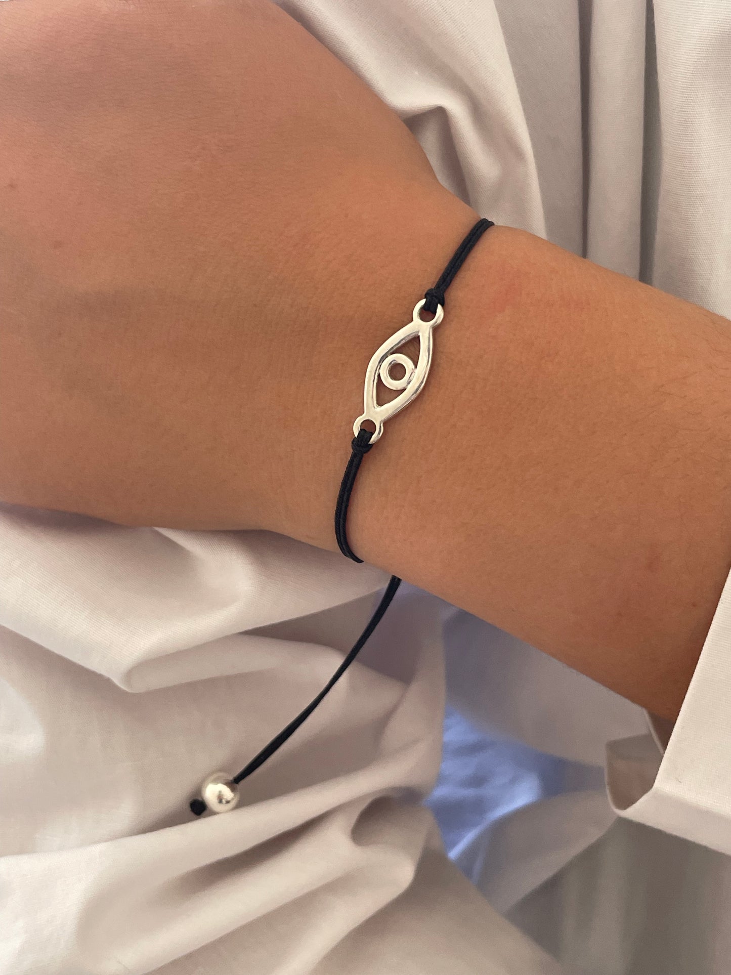 Handmade 925 Sterling Silver Evil Eye Bracelet for Women, Adjustable Black String, Minimalist Charm Design
