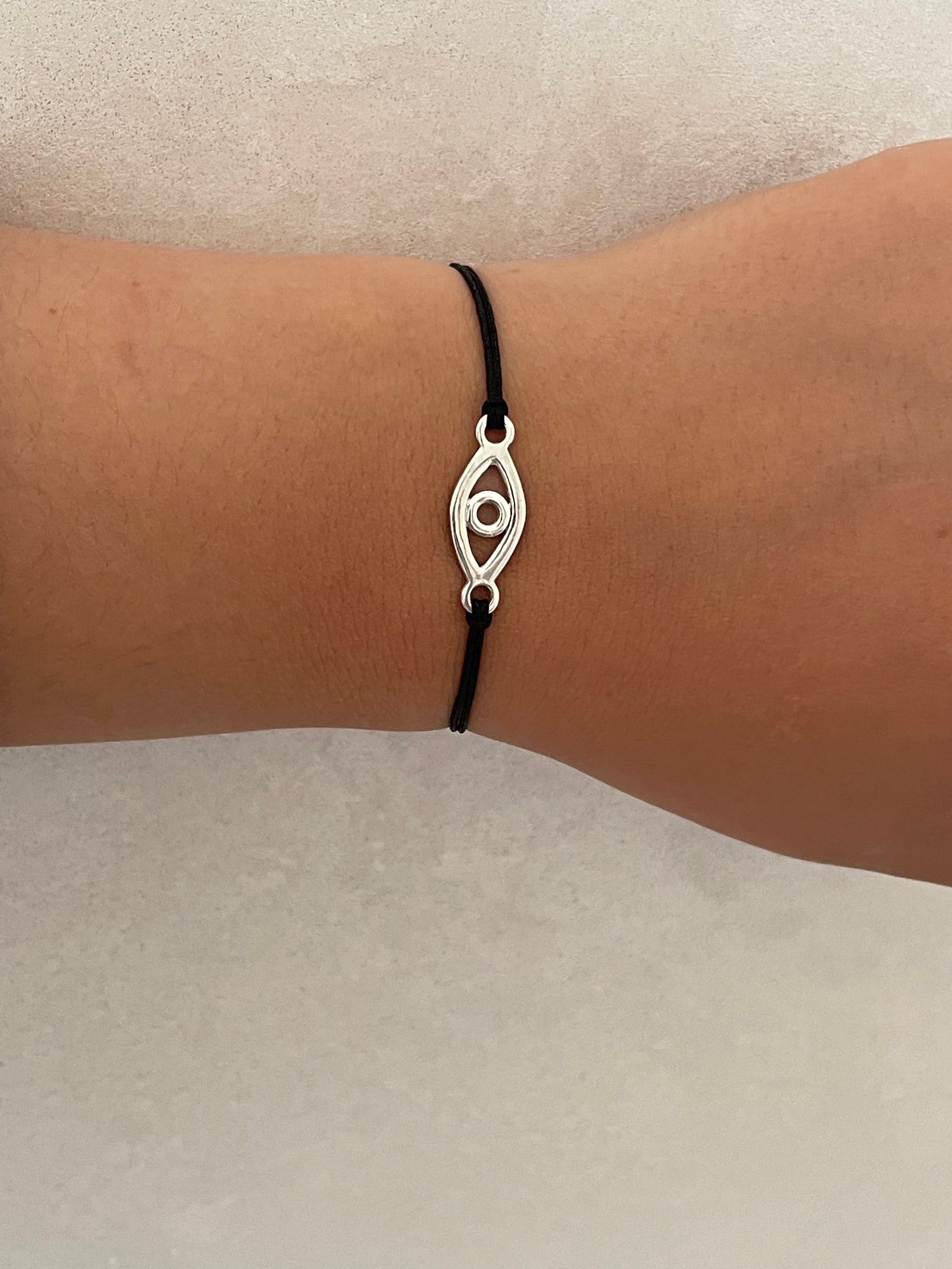 Handmade 925 Sterling Silver Evil Eye Bracelet for Women, Adjustable Black String, Minimalist Charm Design