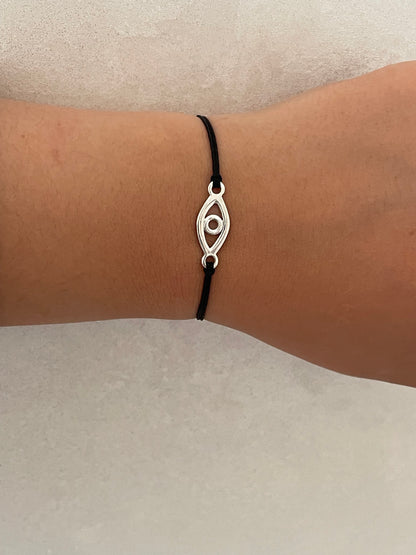 Handmade 925 Sterling Silver Evil Eye Bracelet for Women, Adjustable Black String, Minimalist Charm Design