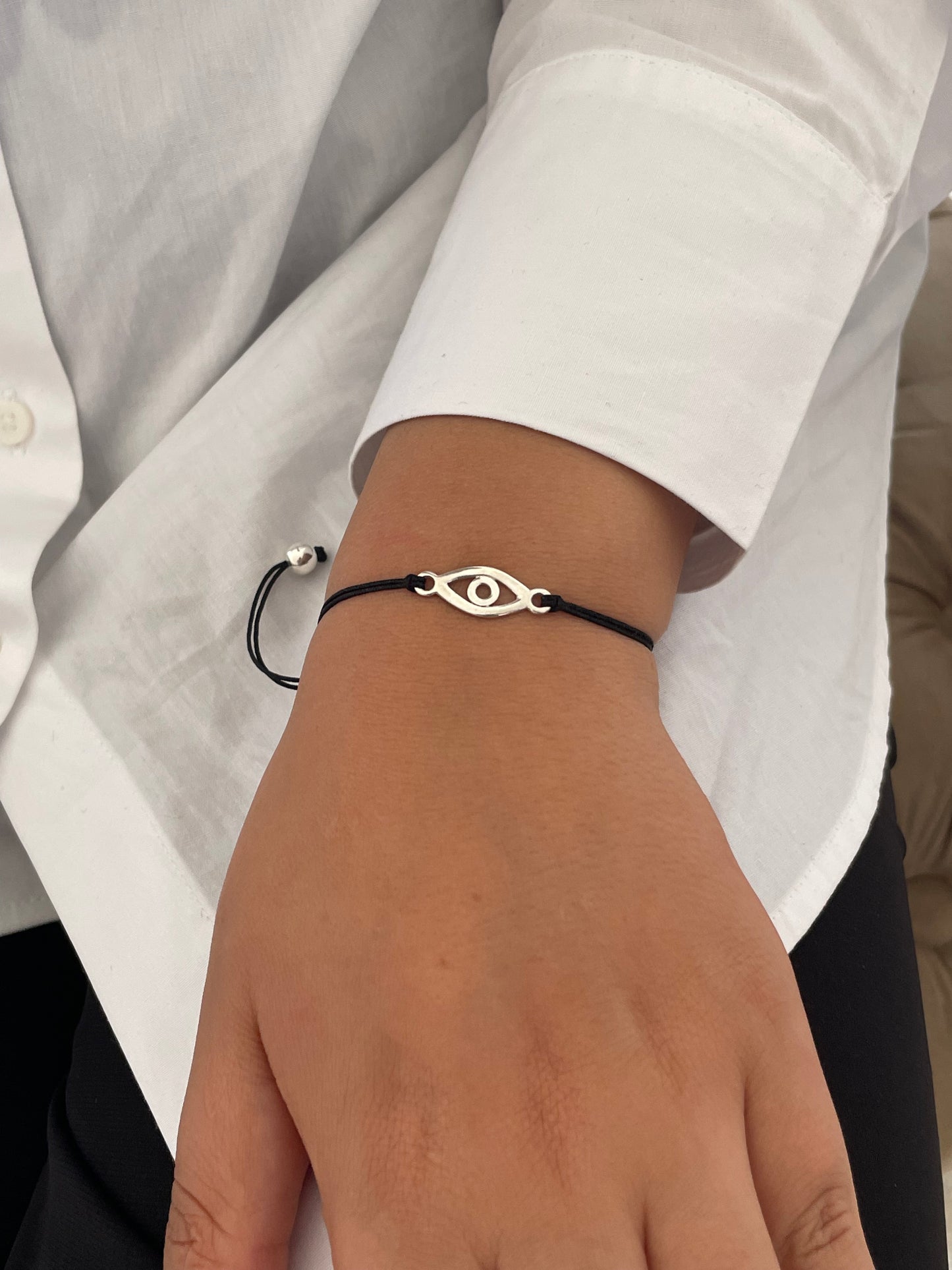 Handmade 925 Sterling Silver Evil Eye Bracelet for Women, Adjustable Black String, Minimalist Charm Design