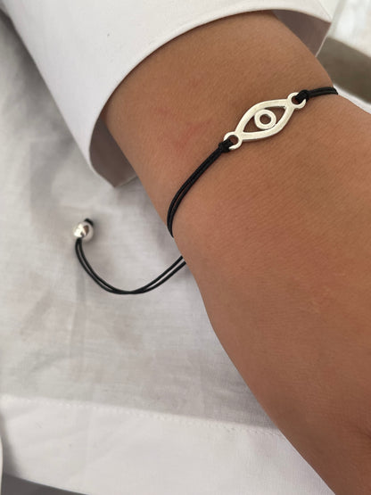 Handmade 925 Sterling Silver Evil Eye Bracelet for Women, Adjustable Black String, Minimalist Charm Design