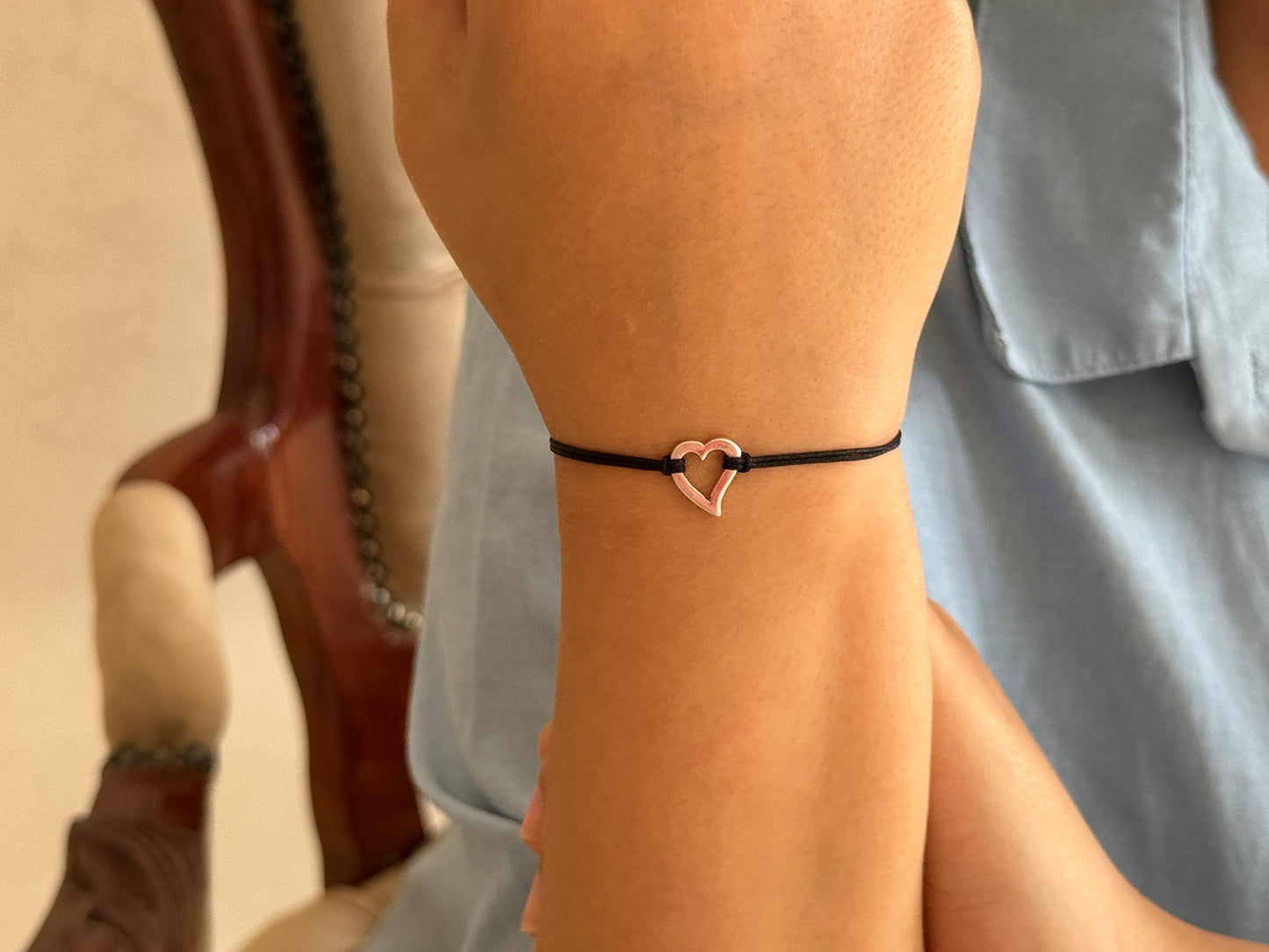 Handmade 925 Sterling Silver Minimalist Open Heart Shaped Charm Bracelet for Women