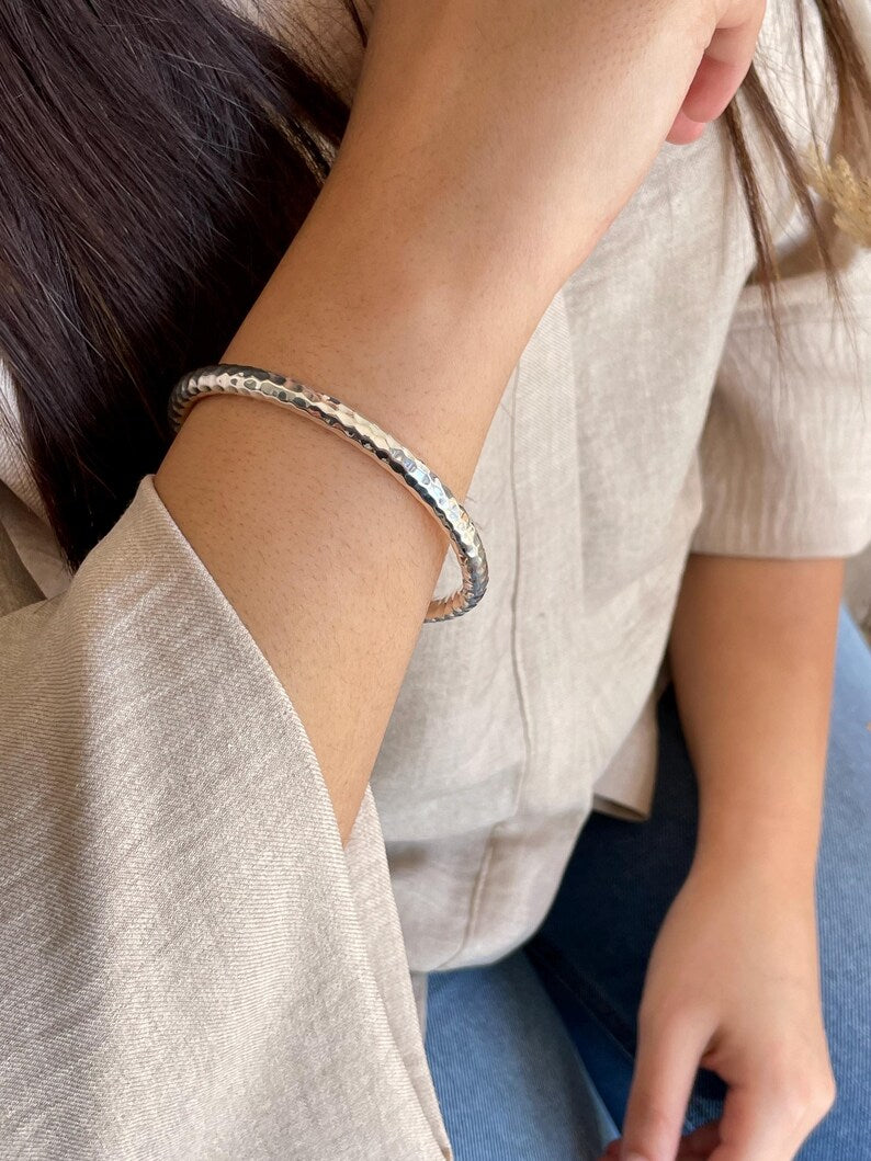 Thick Sterling Silver Hammered Bangle Bracelet