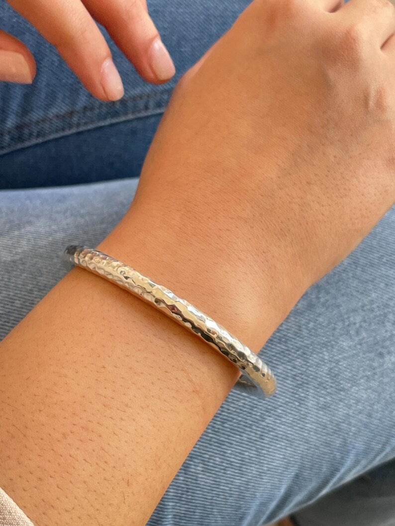 Thick Sterling Silver Hammered Bangle Bracelet