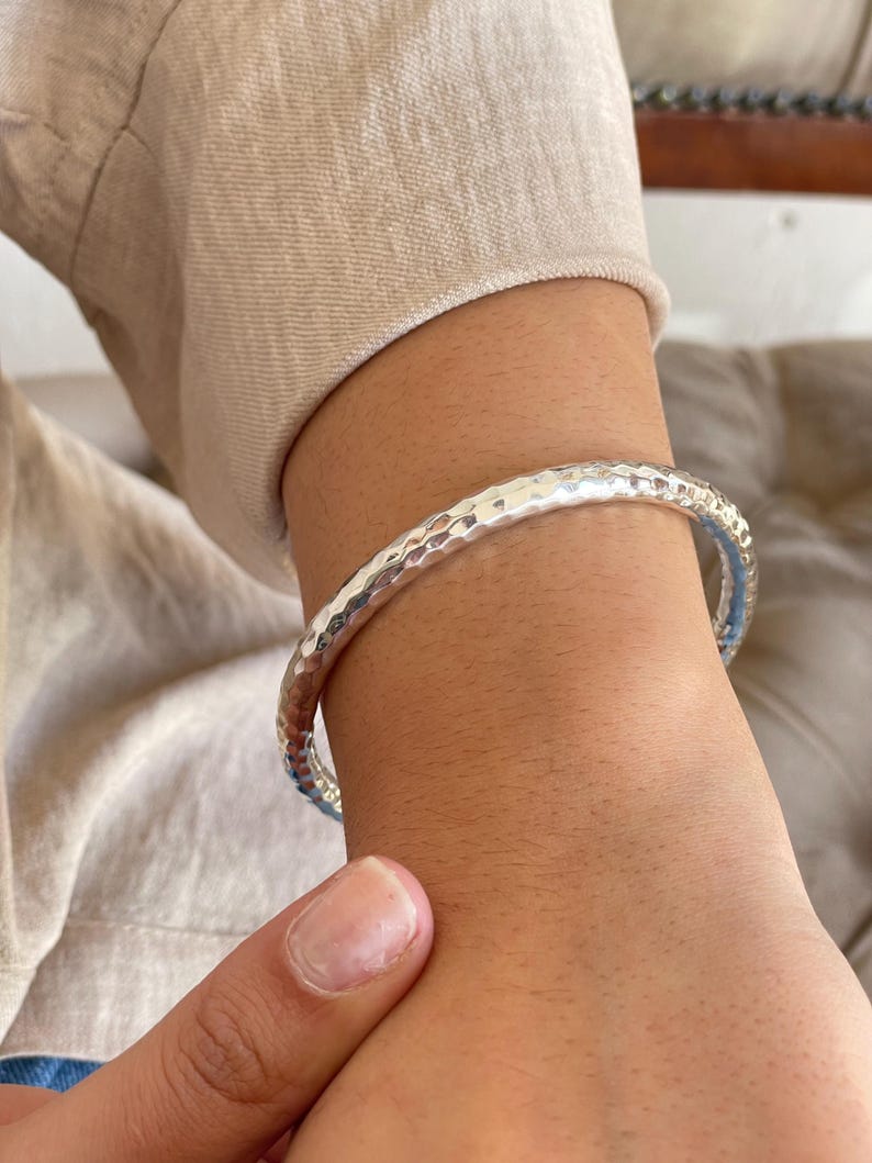 Thick Sterling Silver Hammered Bangle Bracelet