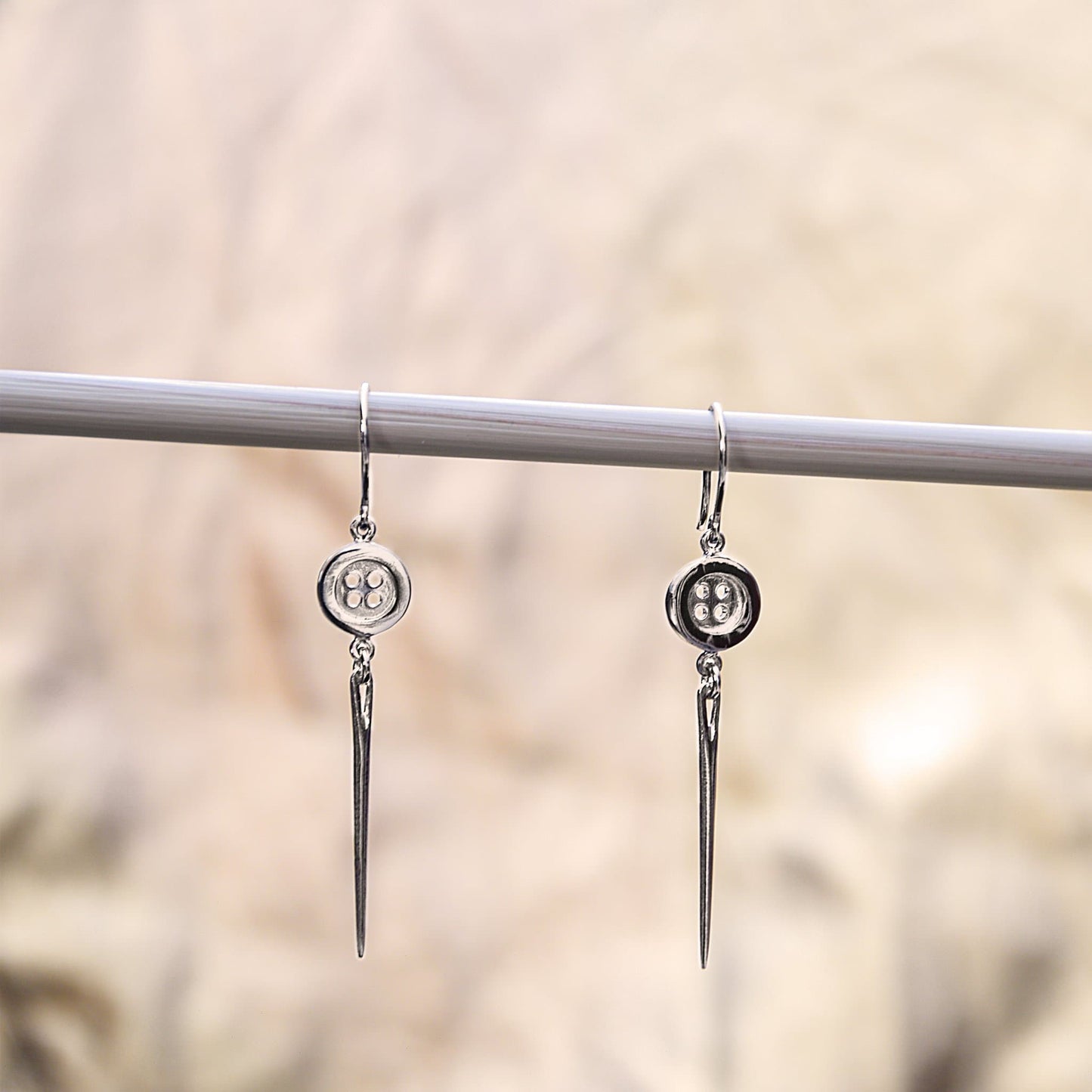 Silver Button and Needle Earrings