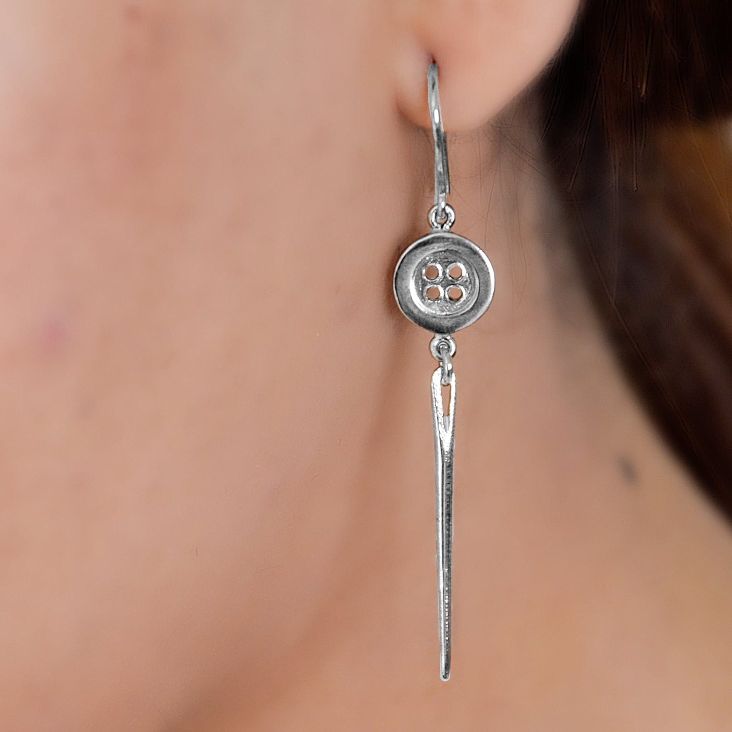 Silver Button and Needle Earrings