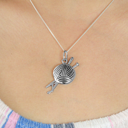 Silver Wool Ball Knitting Needle Necklace