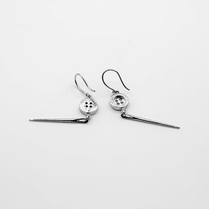 Silver Button and Needle Earrings