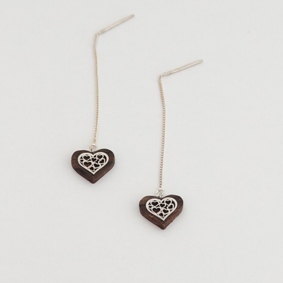Wood Heart Earring With Silver, Wood Anniversary Earrings